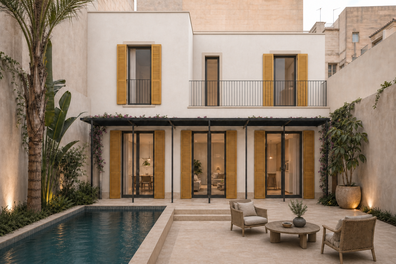 Visualisation of the courtyard, pool and original garden façade